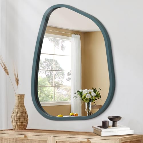 HLFMVWE Großer asymmetrischer Wandspiegel mit unregelmäßigem Holzrahmen Modern Einzigartig Wandmontierter Künstlerischer Wellenspiegel Dekor Badezimmer Eitelkeit Schlafzimmer Wohnzimmer Flur von HLFMVWE
