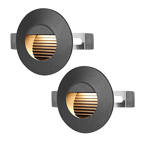 HLFVLITE 2er Led Treppenbeleuchtung rund Treppenlicht Wand Einbauleuchte, Stufenlicht 3000K Warmweiß Flurlampe inkl. 2Stk. 1W Treppenstrahler, Mattschwarz von HLFVLITE