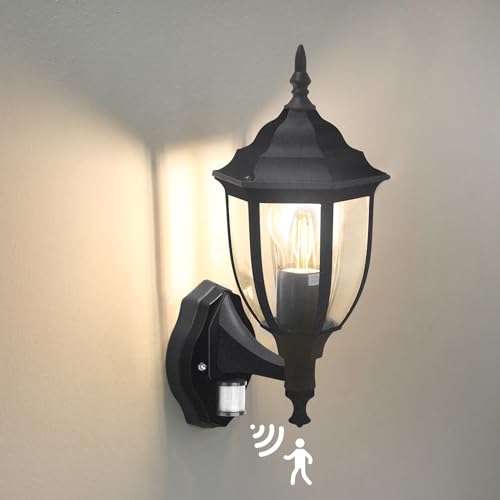 HLFVLITE Außenwandleuchte Außenlampe Vintage mit Bewegungsmelder, E27 Wandlaterne Wandlampe in Retro-Optik, Schwarz, IP44, ohne Leuchtmittel, E27-Fassung, max. 60 Watt von HLFVLITE