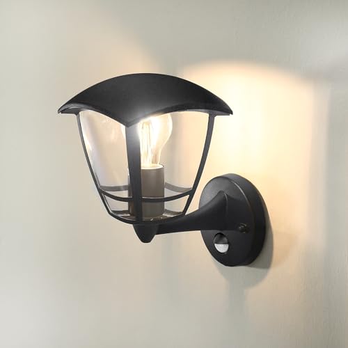 HLFVLITE Außenwandleuchte Außenlampe Vintage mit Bewegungsmelder, E27 Wandlaterne Wandlampe in Retro-Optik, Schwarz, IP54, ohne Leuchtmittel, E27-Fassung, max. 40 Watt von HLFVLITE