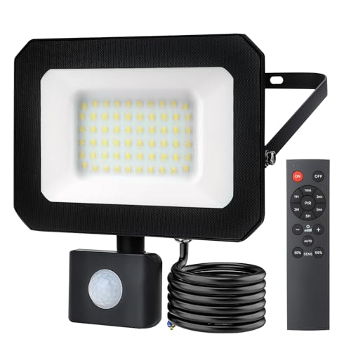 HLFVLITE LED Strahler mit Bewegungsmelder Außen, dimmbare Led Flutlicht 5000LM Scheinwerfer mit IR-Fernbedienung IP65 Außenwandleuchte Kaltweiß 6500K für Garten, Garage, Sportplatz, Hof von HLFVLITE