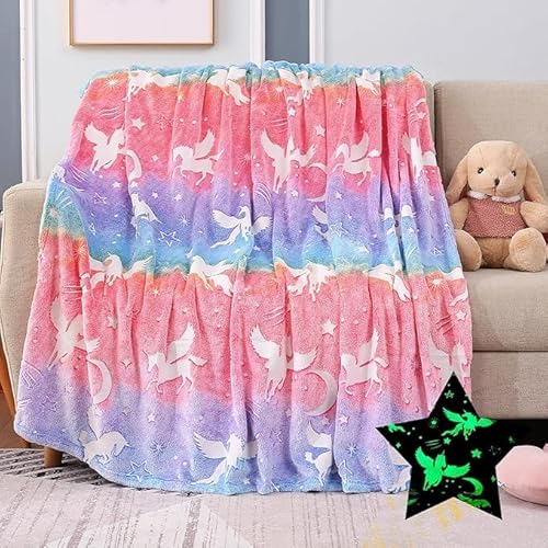 HLGBED Niedliche Kinder-Überwurfdecke mit Einhörnern, Regenbogenfarben, leuchtet im Dunkeln, für Mädchen, Jungen, Teenager, 50 x 60 cm HLGBED Niedliche Kinder-Überwurfdecke mit Einhörnern, Regenbogenfarben, leuchtet im Dunkeln, für Mädchen, Jungen, Teenager, 50 x 60 cm von HLGBED