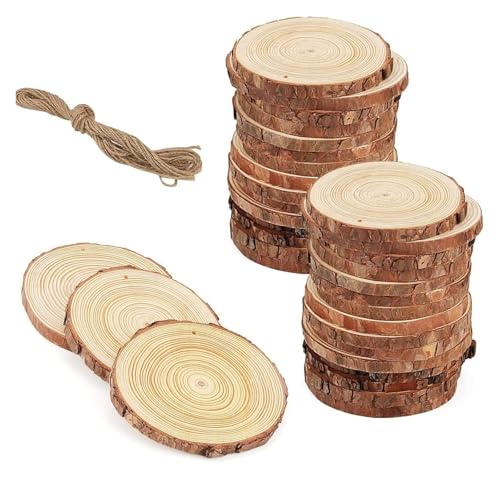 30 Stück 12–14 cm große Holzscheiben mit gebohrten Löchern, unfertige Holzkreise, runde Holzscheiben mit Schnur, vorgebohrte leere Holzscheiben for Heimwerkerarbeiten von HLHLH