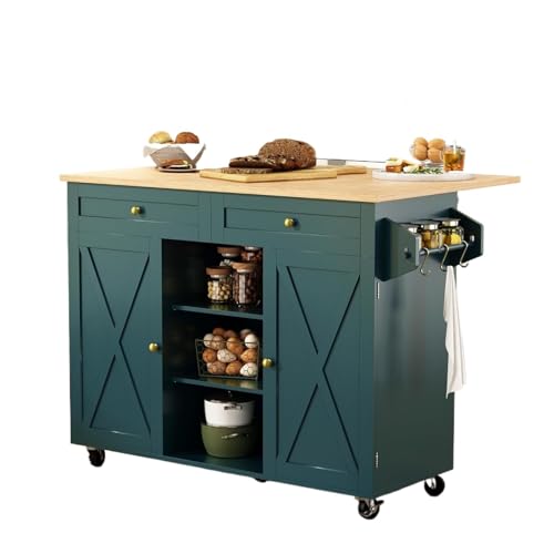 HLHLOP777 Kücheninsel Kücheninsel auf Rädern, Kücheninselwagen mit ausklappbarer Arbeitsplatte, Kücheninseltisch mit Scheunentür und Stauraum Rollender Küchenwagen(Dark Teal) von HLHLOP777