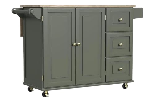 HLHLOP777 Kücheninsel Küchenwagen mit Holzplatte und ausklappbarer Frühstücksbar, Kücheninsel, Casual Home Rollender Küchenwagen(Green) von HLHLOP777