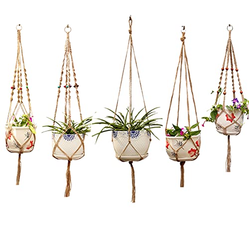 5er Set Makramee Blumenampel Boho Baumwollseil HäNgeampel Blumentopf, Pflanzen Halter AufhäNger FüR Innen AußEn Balkone Wanddekoration von HLJS