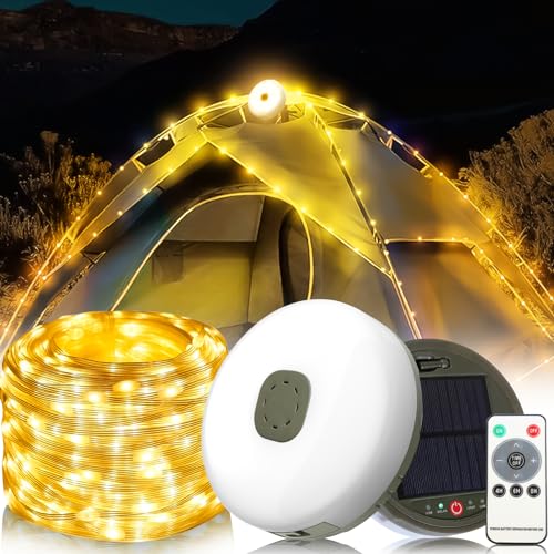 Camping Lichterkette Aufrollbar mit Fernbedienung 【Solarbetrieben mit Zeitfunktion】 Wasserdichte Tragbare LED Lichterkette 10m, 8 Modi USB Wiederaufladbare Campinglampe für Camping Garten und Wandern von HLJS