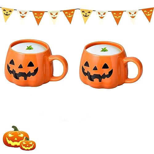 HLJS Halloween-Kürbis-Tasse, Kaffeetasse Keramik Geister, Keramik-Kaffeetasse Milchsuppentasse Niedliche Kürbis, Tasse Teetasse Für Halloween Erntedankfest Weihnachten (2PCS) von HLJS