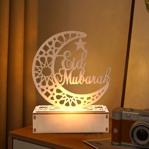 Holz Ramadan Deko Lichter Islamische Mondlampe Dekoration, Eid Mubarak Dekoration, Muslim Ramadan Eid Nachtlicht, Islam Halbmond Deko für Partys, Zu Hause Und Als Geschenk (E) von HLJS