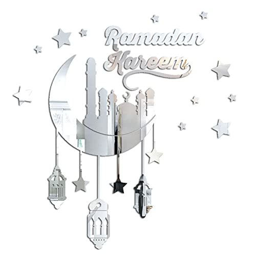 Ramadan Mubarak Dekoration Ramadan Wanddekoration 3D Acryl Moon Star Ramadan Dekoration, Islamische Muslimische DIY Selbstklebende Wandaufkleber FüR DIY Muslimische Deko (Silber) von HLJS