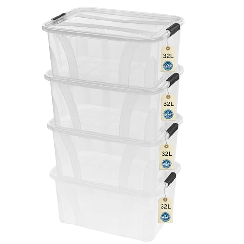 Aufbewahrungsboxen 4x 32Liter mit Deckel, lebensmittelecht - Verschlussclips - 100% Neumaterial Plastik-Box transparent - Kleiderboxen stapelbar & HLKauf-Block von HLKauf