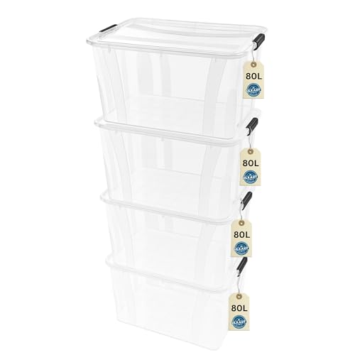 Aufbewahrungsboxen 4x 80Liter mit Deckel, lebensmittelecht - Verschlussclips - 100% Neumaterial Plastik-Box transparent - Kleiderboxen stapelbar & HLKauf-Block von HLKauf
