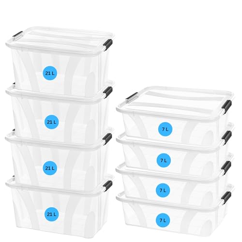Aufbewahrungsboxen mit Deckel 7L 14L 21L 32L 55L 80L Plastik Boxen Klickverschluss Stapelboxen Sets Lebensmittelecht Haushalt & HLKauf-Block (4x 7Liter,4x 21Liter & 1x HLKauf-Block) von HLKauf