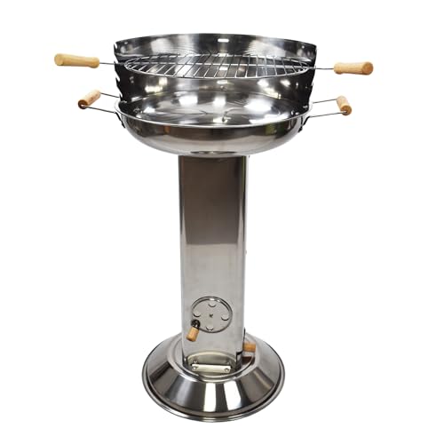 Holzkohlegrill Edelstahl mit Holzgriffen Säulengrill Höhe 83 cm Robuster Kohlegrill & HLKauf-Block von HLKauf