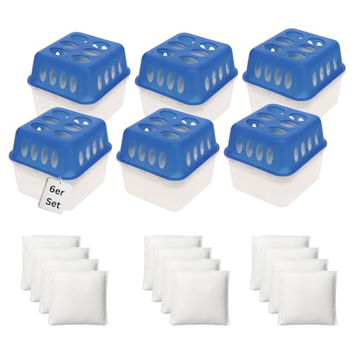 Luftentfeuchter ohne Strom Entfeuchter Box Wiederverwendbar Nachfüllbar Granulat für Bad Keller Wohnmobil mit 400g Nachfüllpacks & HLKauf-Block (6er Luftentfeuchter, 12er Nachfüllpacks & HLKauf-Block) von HLKauf