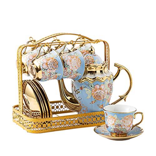 HLONGG 13 stücke Keramik-Tee-Set für Tee oder Kaffee mit Metallhalter Elegantes Design Blumen-Tee-Set mit Teetassen und Teekanne Schöne Tee-Set für das Geschenk,Blau von HLONGG