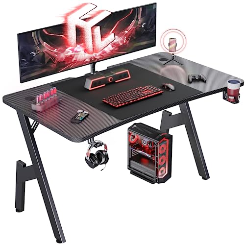 HLONONE Gaming Schreibtisch 140 x 60cm, Gaming Tisch, Stabiler PC Schreibtisch mit Kohlefaserbeschichtung, Ergonomischer Computertisch mit Kopfhörerhaken und Getränkehalter, Schwarz von HLONONE