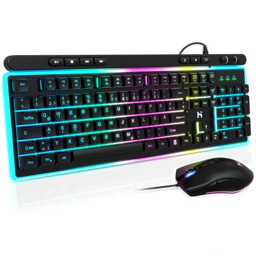 HLONONE Gaming Tastatur und Maus Set, Regenbogen LED Hintergrundbeleuchtung, USB Verkabelt, Ergonomische Tastatur für PC Gamer und Büro, QWERTZ DE Layout -Schwarz von HLONONE