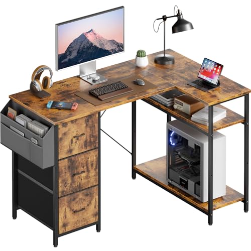 HLONONE Eckschreibtisch mit 3 Stoffschubladen, 120 x 80 cm Computertisch mit Stauraum, Schreibtisch L Form mit Seitentasche, PC Tisch mit Ablagefächer für Büro, Gaming und Home Office, Vintagebraun von HLONONE