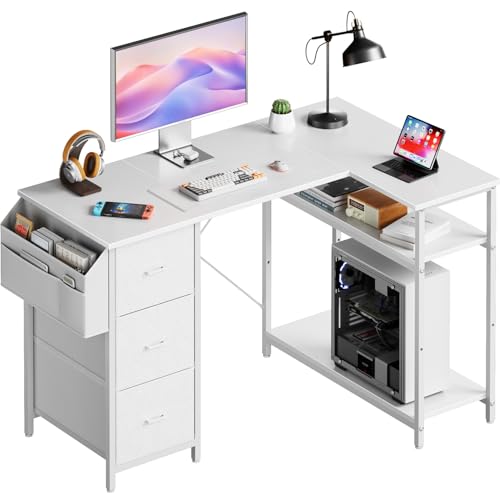 HLONONE Eckschreibtisch mit 3 Stoffschubladen, 120 x 80 cm Computertisch mit Stauraum, Schreibtisch L Form mit Seitentasche, PC Tisch mit Ablagefächer für Büro, Gaming und Home Office, Weiß von HLONONE