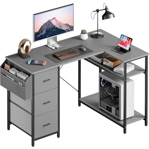 HLONONE Eckschreibtisch mit 3 Stoffschubladen, 140 x 80 cm Computertisch mit Stauraum, Schreibtisch L Form mit Seitentasche, PC Tisch mit Ablagefächer für Büro, Gaming und Home Office, Grau von HLONONE