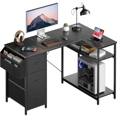 HLONONE Eckschreibtisch mit 3 Stoffschubladen, 140 x 80 cm Computertisch mit Stauraum, Schreibtisch L Form mit Seitentasche, PC Tisch mit Ablagefächer für Büro, Gaming und Home Office, Schwarz von HLONONE