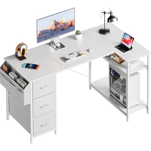 HLONONE Eckschreibtisch mit 3 Stoffschubladen, 140 x 80 cm Computertisch mit Stauraum, Schreibtisch L Form mit Seitentasche, PC Tisch mit Ablagefächer für Büro, Gaming und Home Office, Weiß von HLONONE