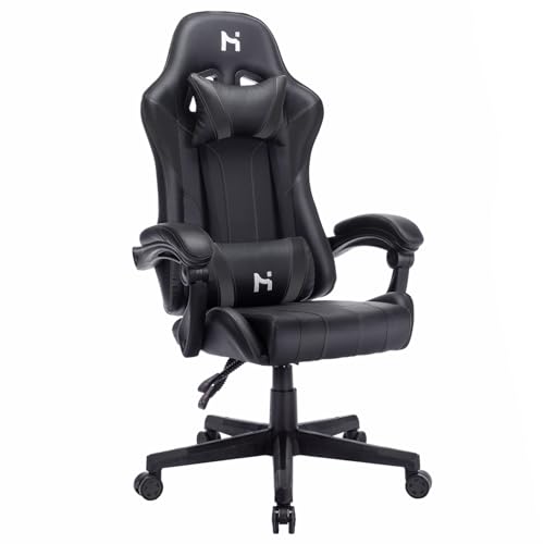 HLONONE Gaming Stuhl, Ergonomischer Bürostuhl, 90-135° Verstellbarer Neigungswinkel Schreibtischstuhl, Höhe, Kopfstütze und Lendenkissen Verstellbarer Gamer Stuhl, 150 kg Belastbarkeit, Schwarz von HLONONE