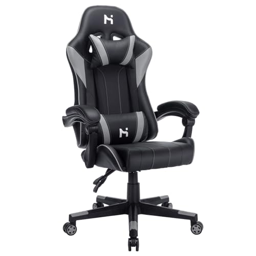 HLONONE Gaming Stuhl, Ergonomischer Bürostuhl, 90-135° Verstellbarer Neigungswinkel Schreibtischstuhl, Höhe, Kopfstütze und Lendenkissen Verstellbarer Gamer Stuhl, 150 kg Belastbarkeit, Schwarz-Grau von HLONONE
