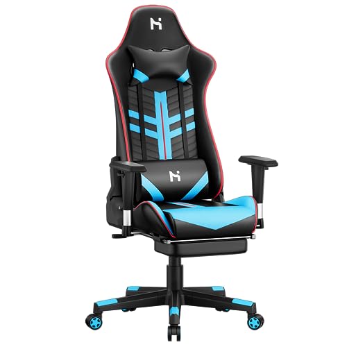 HLONONE Gaming Stuhl Ergonomischer Bürostuhl,Gamer Stuhl mit Kopfstütze,Lendenkissen und Armlehnen,PC Stuhl Höhenverstellbar,Rückenlehne verstellbar 90-165°, Tragfähigkeit 200 kg, Schwarz-blau von HLONONE