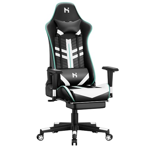 HLONONE Gaming Stuhl Ergonomischer Bürostuhl,Gamer Stuhl mit Kopfstütze,Lendenkissen und Armlehnen,PC Stuhl Höhenverstellbar,Rückenlehne verstellbar 90-165°, Tragfähigkeit 200 kg, Schwarz-weiß von HLONONE