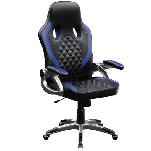 HLONONE Gaming Stuhl Ergonomischer Schreibtischstuhl Höhenverstellbarer Bürostuhl PC Stuhl mit Armlehnen, Gamer Stuhl bis 150 kg belastbar, Schwarz-Blau von HLONONE