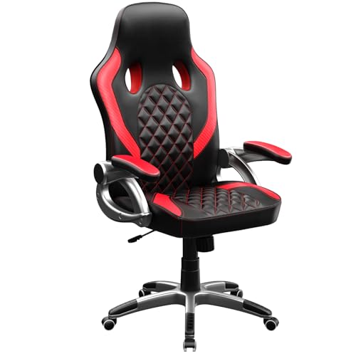 HLONONE Gaming Stuhl Ergonomischer Schreibtischstuhl Höhenverstellbarer Bürostuhl PC Stuhl mit Armlehnen, Gamer Stuhl bis 150 kg belastbar, Schwarz-Rot von HLONONE