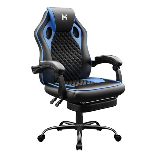 HLONONE Gaming Stuhl Ergonomischer Schreibtischstuhl Höhenverstellbarer Bürostuhl mit Fußhocker PC Stuhl mit Armlehnen, Neigungswinkel von 90-135°, Gamer Stuhl bis 150 kg belastbar,Schwarz-Blau von HLONONE