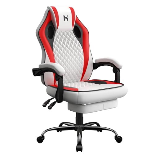 HLONONE Gaming Stuhl Ergonomischer Schreibtischstuhl Höhenverstellbarer Bürostuhl mit Fußhocker PC Stuhl mit Armlehnen, Neigungswinkel von 90-135°, Gamer Stuhl bis 150 kg belastbar, Weiß-Rot von HLONONE
