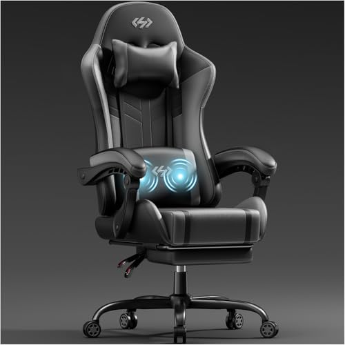HLONONE Gaming Stuhl mit Massagefunktion, Ergonomischer Gamer Stuhl, Racing Gaming Sessel mit Fußstütze, Kopfstütze und Massage Lendenkissen, Gepolstert PC Stuhl, 150 kg Belastbarkeit, Schwarz-Grau von HLONONE