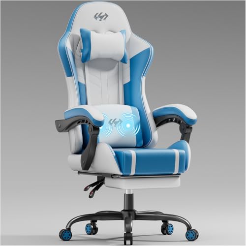 HLONONE Gaming Stuhl mit Massagefunktion, Ergonomischer Gamer Stuhl, Racing Gaming Sessel mit Fußstütze, Kopfstütze und Massage Lendenkissen, Gepolstert PC Stuhl, 150 kg Belastbarkeit, Weiß-Blau von HLONONE