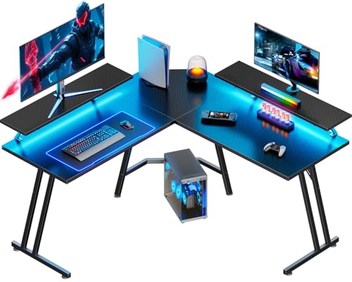 HLONONE Gaming Tisch L Form mit LED, Eckschreibtisch, Gaming Schreibtisch L-förmiger mit Monitorständer, Computertisch für Büro Arbeitszimmer Schlafzimmer, Gamer Tisch 130 x 130 cm, Schwarz von HLONONE
