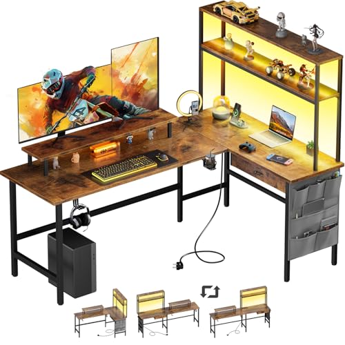 HLONONE Gaming Tisch mit LED, 170x100 cm Gaming Schreibtisch L Form mit 3 Steckdosen und 2 USB, Reversibel Eckschreibtisch, PC Ecktisch Computertisch mit Monitorständer und Aufsatzregal, Braun HLONONE Gaming Tisch mit LED, 170x100 cm Gaming Schreibtisch L Form mit 3 Steckdosen und 2 USB, Reversibel Eckschreibtisch, PC Ecktisch Computertisch mit Monitorständer und Aufsatzregal, Braun von HLONONE