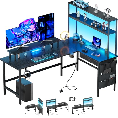 HLONONE Gaming Tisch mit LED, 170x100 cm Gaming Schreibtisch L Form mit 3 Steckdosen und 2 USB, Reversibel Eckschreibtisch, PC Ecktisch Computertisch mit Monitorständer und Aufsatzregal, Schwarz HLONONE Gaming Tisch mit LED, 170x100 cm Gaming Schreibtisch L Form mit 3 Steckdosen und 2 USB, Reversibel Eckschreibtisch, PC Ecktisch Computertisch mit Monitorständer und Aufsatzregal, Schwarz von HLONONE