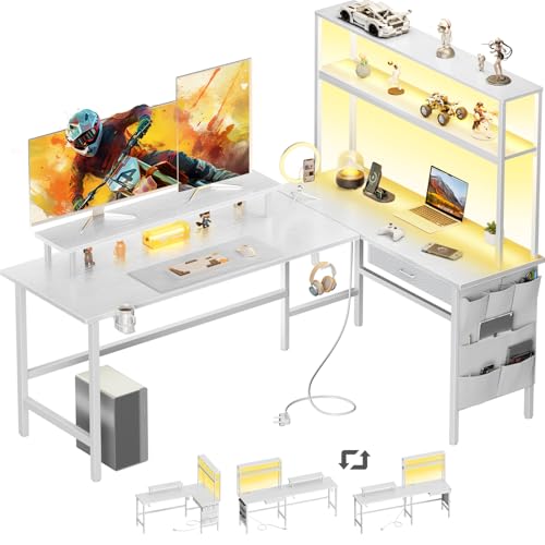 HLONONE Gaming Tisch mit LED, 170x100 cm Gaming Schreibtisch L Form mit 3 Steckdosen und 2 USB, Reversibel Eckschreibtisch, PC Ecktisch Computertisch mit Monitorständer und Aufsatzregal, Weiß von HLONONE