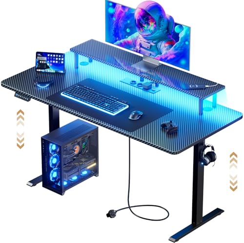 HLONONE Gaming Tisch mit LED, Höhenverstellbarer Schreibtisch 120 x 60 cm, Höhenverstellbar Elektrisch mit Steckdosen und Monitorständer, Steh-Sitz Tisch mit 3-Funktions-Memory, Schwarz von HLONONE