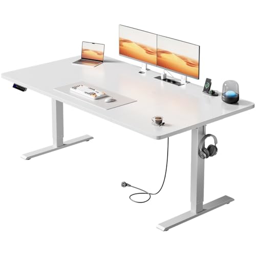 HLONONE Höhenverstellbarer Schreibtisch mit USB-Ladeanschluss und Steckdose, 120 × 60 cm Elektrischer Schreibtisch, Verstellbarer Computertisch mit 3-Funktions-Memory, Weiß von HLONONE