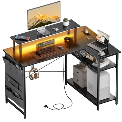 HLONONE L-förmiger Schreibtisch mit LED und Steckdosen, 110 x 80 cm, Eckschreibtisch mit Regal, Computertisch mit Monitorständer und Aufbewahrungstasche, Gaming Tisch L Form für Heimbüro, Schwarz von HLONONE