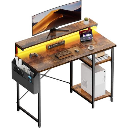 HLONONE Schreibtisch, Computertisch mit LED und Monitorständer, PC Tisch mit 2 Regale und Aufbewahrungstasche für Arbeitszimmer und Schlafzimmer, 100 x 48 x 74 cm, Stabiles Metallgestell, Vintagebraun von HLONONE