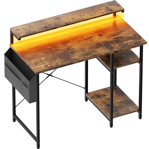 HLONONE Schreibtisch, Computertisch mit LED und Monitorständer, PC Tisch mit 2 Regale und Aufbewahrungstasche für Arbeitszimmer und Schlafzimmer, 100 x 48 x 74 cm, Stabiles Metallgestell, Vintagebraun von HLONONE