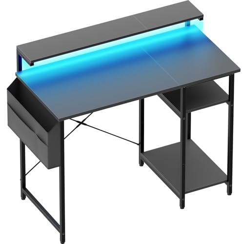 HLONONE Schreibtisch, Computertisch mit LED und Monitorständer, PC Tisch mit 2 Regale und Aufbewahrungstasche für Arbeitszimmer und Schlafzimmer, 100 x 48 x 74 cm, Stabiles Metallgestell, Grau von HLONONE