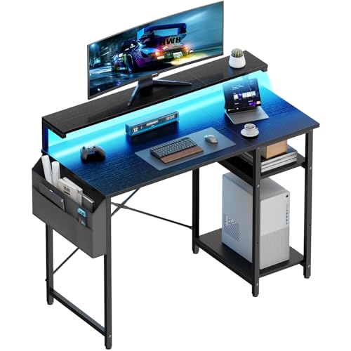 HLONONE Schreibtisch, Computertisch mit LED und Monitorständer, PC Tisch mit 2 Regale und Aufbewahrungstasche für Arbeitszimmer und Schlafzimmer, 100 x 48 x 74 cm, Stabiles Metallgestell, Schwarz von HLONONE