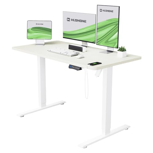 HLONONE Schreibtisch Höhenverstellbar Elektrisch 160x60 cm, Höhenverstellbarer Schreibtisch mit USB-Buchse und 4 Höhen Memory-Steuerung, Standing Desk, computertisch, pastellgelb-basisweiß von HLONONE