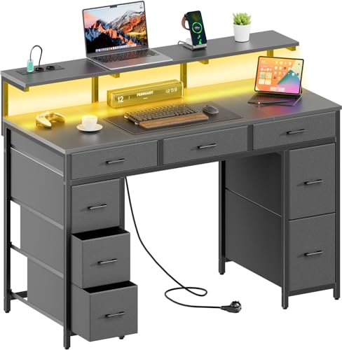 HLONONE Schreibtisch mit 8 Schubladen, Computertisch mit 2 Steckdosen und 2 USB Ladeanschluss, Bürotisch mit LED und Monitorständer, PC Tisch für Büro, Wohnzimmer, 120 x 50 x 74 cm, Grau HLONONE Schreibtisch mit 8 Schubladen, Computertisch mit 2 Steckdosen und 2 USB Ladeanschluss, Bürotisch mit LED und Monitorständer, PC Tisch für Büro, Wohnzimmer, 120 x 50 x 74 cm, Grau von HLONONE